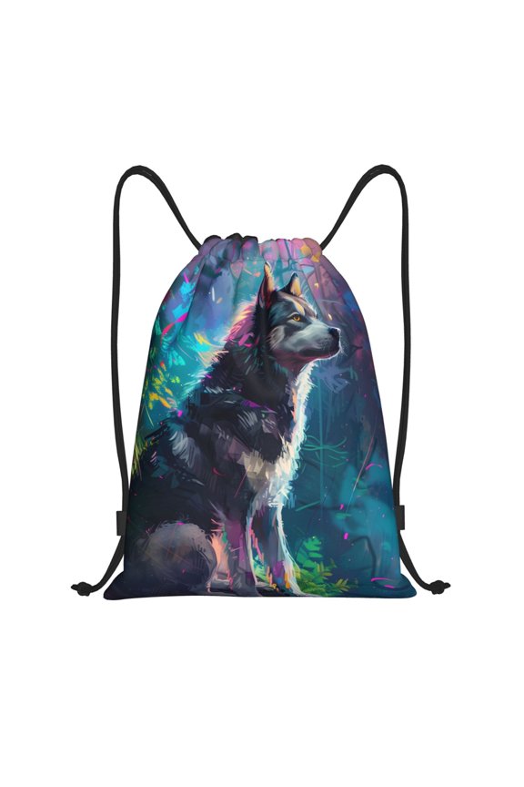 Colorful Plant Wolf Print Drawstring Backpack Bag,Waterproof Draw String Back Sack, Gym Drawstring Bags Swim Bag For Unisex