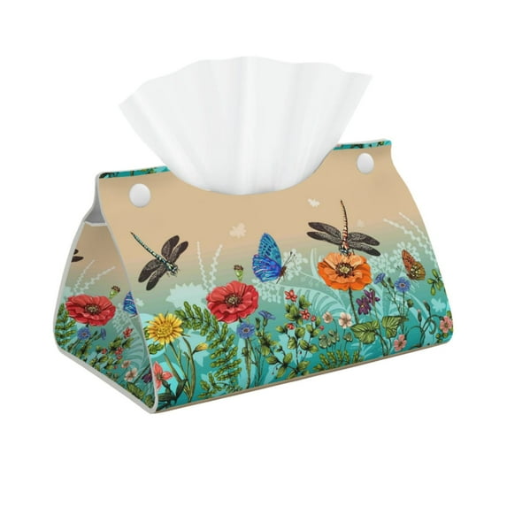 Kdxio Colorful Plants And Insects Print Tissue Box Cover,Modern PU Leather Rectangular Tissue Box Holder for Bathroom Living Room Bedroom Office Desk Car Home