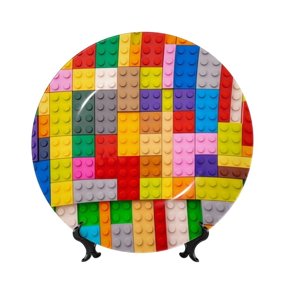 Kdxio Colorful Plastic Blocks Pattern Bone China Decorative Plate Ceramic Decorative Plate for Home Office Wall Stand Decorative Plates for Home Bedroom-7in