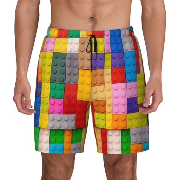 Kdxio Colorful Plastic Blocks Pattern Print Men's Swim Trunks with Compression Liner 7 Inch Inseam Quick Dry Swim Shorts