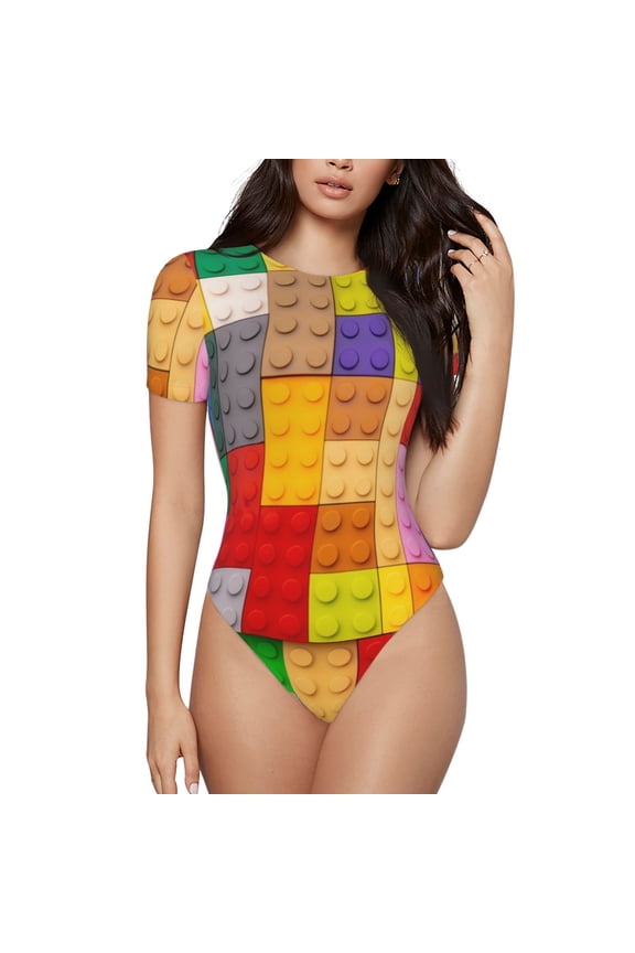Colorful Plastic Blocks Pattern for Women's Short-Sleeved Onesie Stylish Round Neck Pajamas Bodysuit Jumpsuit Nightwear-Large