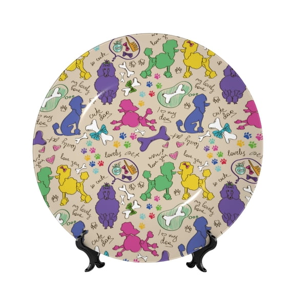 Kdxio Colorful Poodle Dog Bone China Decorative Plate Ceramic Decorative Plate for Home Office Wall Stand Decorative Plates for Home Bedroom-6in