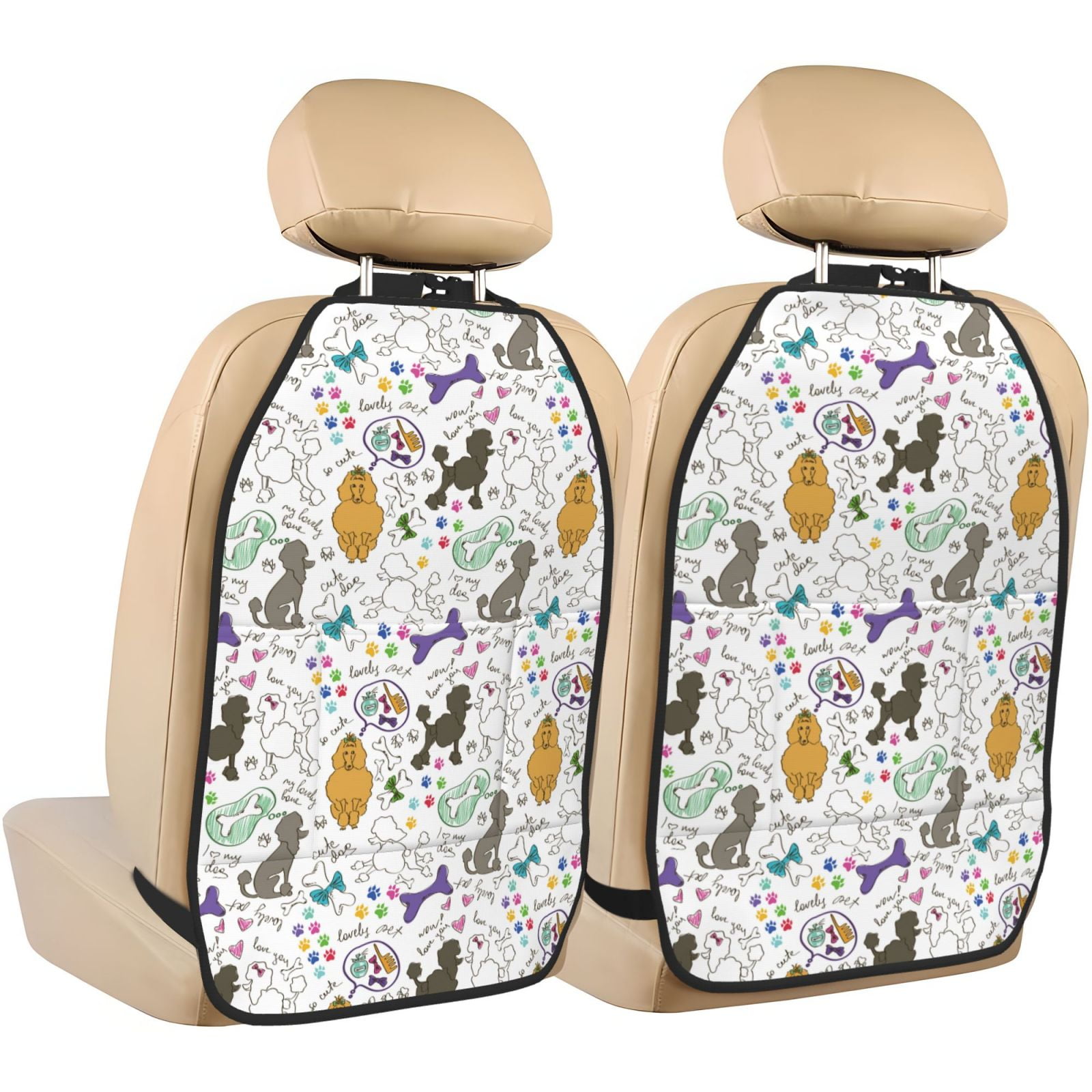 Kdxio Colorful Poodle Dog Print 2 Pack Car Kick Mat Seat Cover Back Protector Mat with Pockets for Organizer Backseat Protector and Storage Anti Kick Pad for Vehicles