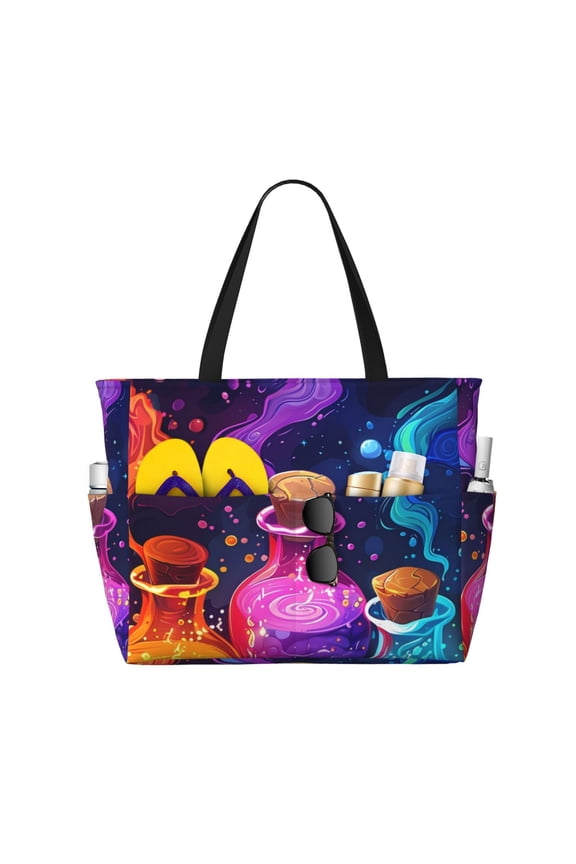 Colorful Potion Bottles Magic for Beach Bag for Women Large Beach Tote Bag Waterproof Sandproof Swim Bag with Zipper Pockets Beach Vacation Travel