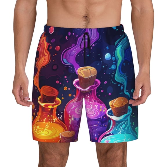 Kdxio Colorful Potion Bottles Magic Print Men's Swim Trunks with Compression Liner 7 Inch Inseam Quick Dry Swim Shorts