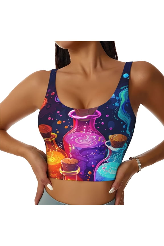 Colorful Potion Bottles Magic Print Workout Crop Tank Top for Women Racerback Yoga Tank Tops Athletic Sports Shirts Exercise Undershirts