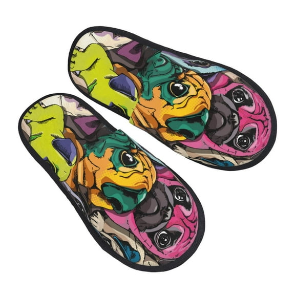 Kdxio Colorful Pug Pattern Slippers for Women Memory Foam Fuzzy House Slippers Bedroom Non-slip Warm Womens Slippers