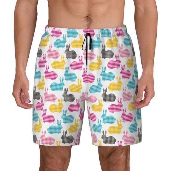 Kdxio Colorful Rabbit Print Men's Swim Trunks with Compression Liner 7 Inch Inseam Quick Dry Swim Shorts