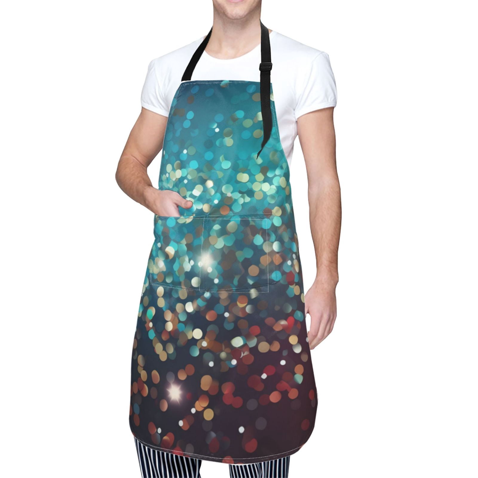 Kdxio Colorful Rainbow Glitter Apron with Pockets Adjustable Kitchen Aprons for Men Women Waterproof Aprons for Cooking,Drawing,Crafting, Baking Household Cleaning