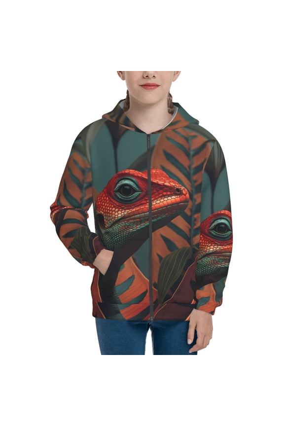 Colorful Reptile And Leaves Pattern Kids Boys Girls Zip Up Hoodie 3D Printed Hooded Sweatshirt Hoody Coat with Pocket 7-12 Y-Small