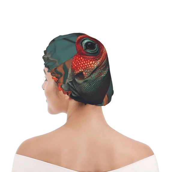Kdxio Colorful Reptile And Leaves Print Shower Cap for Women,Elastic and Reusable,Double Waterproof Layers Bathing Hat