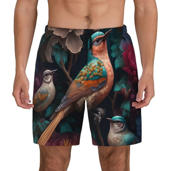 Kdxio Colorful Rose Bird Print Men's Swim Trunks with Compression Liner 7 Inch Inseam Quick Dry Swim Shorts
