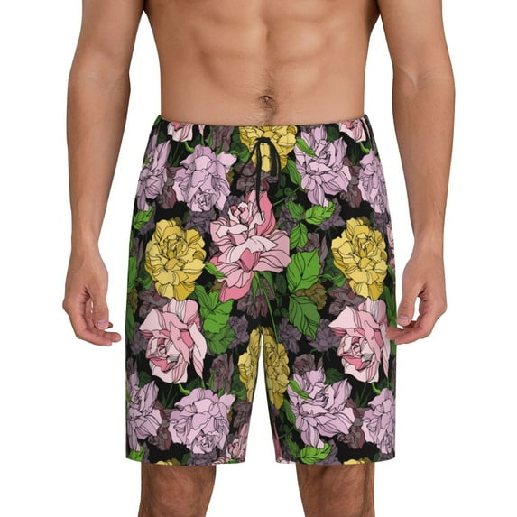Kdxio Colorful Roses Print Mens Sleep Shorts Bottoms Soft Comfy Pajama Wear Pants with Drawstring Pockets