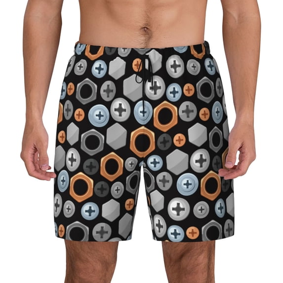 Kdxio Colorful Screws Print Men's Swim Trunks with Compression Liner 7 Inch Inseam Quick Dry Swim Shorts