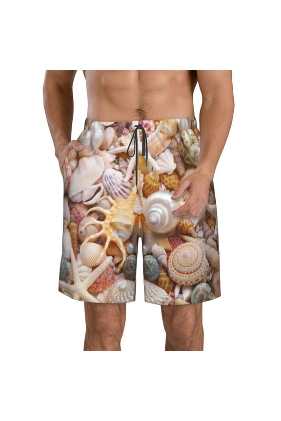 Colorful Seashells Pattern Mens Casual Shorts - Drawstring Summer Beach Sports Shorts for Men