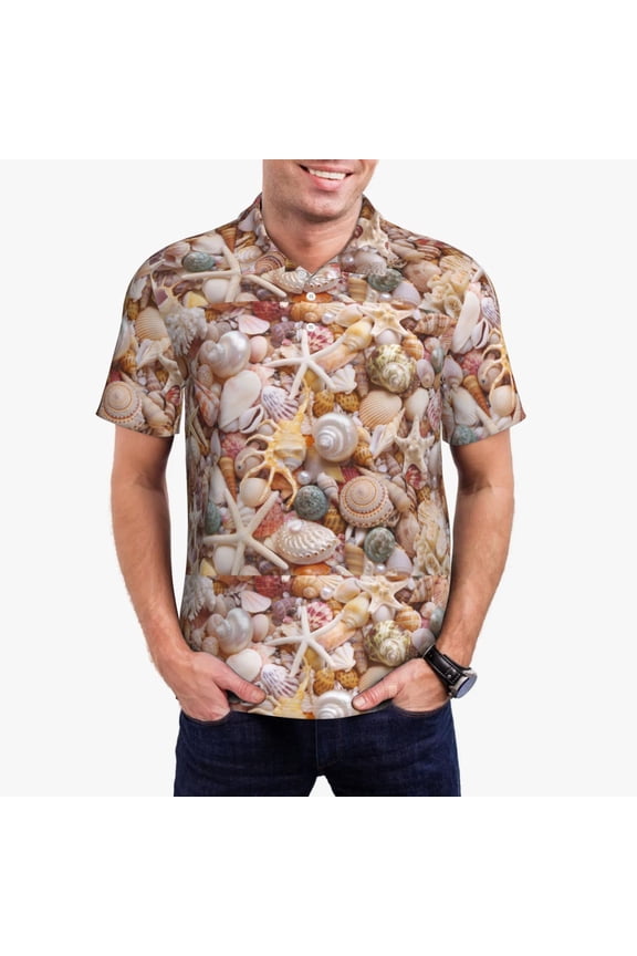 Colorful Seashells Print Men's Short Sleeve Polo Shirt,Midweight Men's Shirt