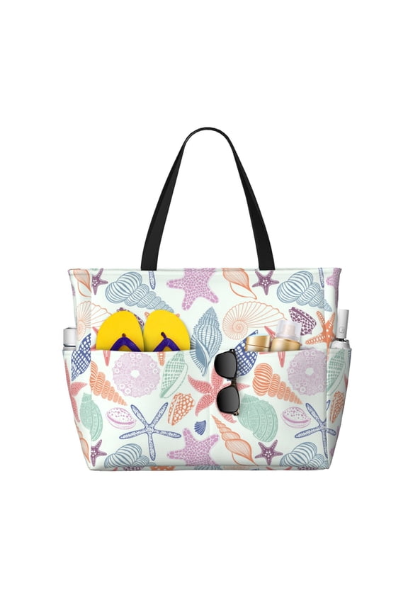 Colorful Seashells for Beach Bag for Women Large Beach Tote Bag Waterproof Sandproof Swim Bag with Zipper Pockets Beach Vacation Travel