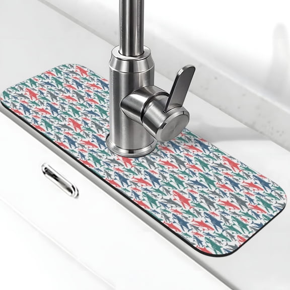 Kdxio Colorful Shark Pattern Non-Slip Diatom Mud Faucet Drain Pad,Self Absorbent Mat for Kitchen Sink for Variety Kitchen & Bathroom Countertops
