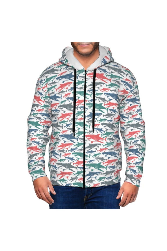Colorful Shark Print Men Hoodies Casual Hoodies for Men with Zip Pockets Full Zip Long Sleeve Sweatshirt Sports Hooded Jacket-Large