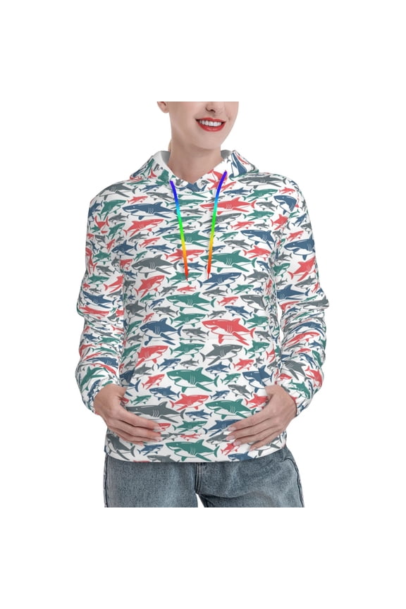 Colorful Shark Print Womens Oversized Hoodies Sweatshirts Hooded Pullover Tops Sweaters Casual-X-Large