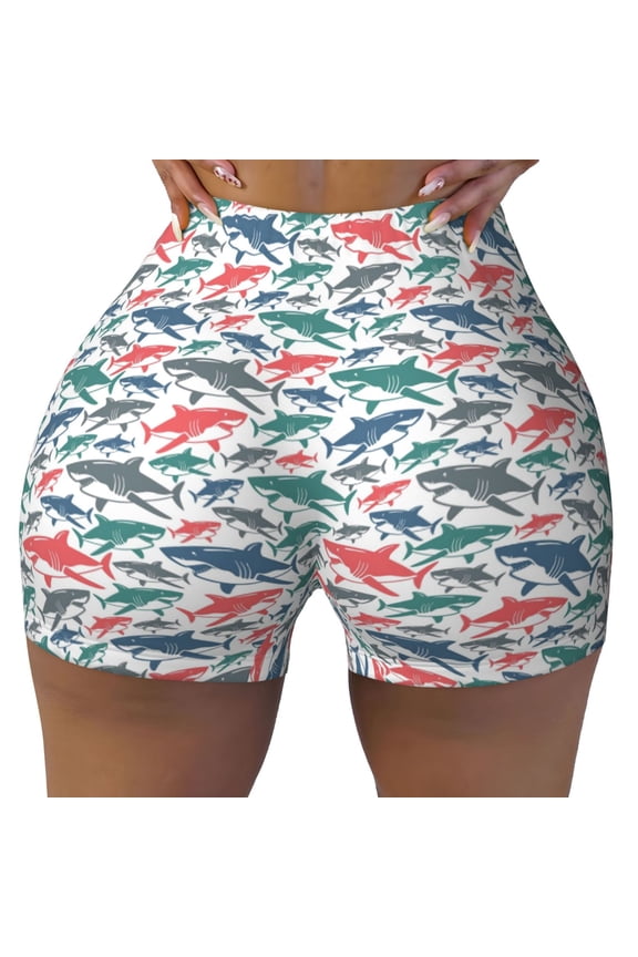 Colorful Shark Print Workout Shorts for Women Seamless Soft Smooth Gym Yoga Scrunch Active Shorts