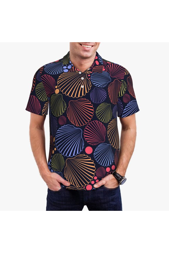 Colorful Shells Print Men's Short Sleeve Polo Shirt,Midweight Men's Shirt