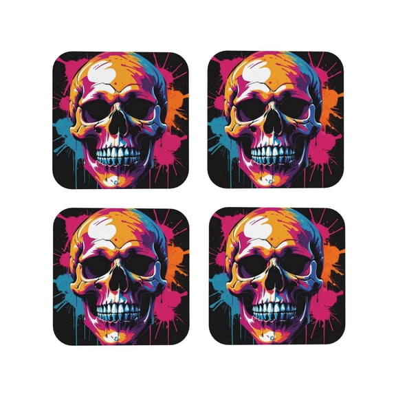 Kdxio Colorful Skull Funny Coasters,4 Pcs Leather Coasters,Housewarming Gifts,Protect Furniture from Water Marks Scratch and Damage