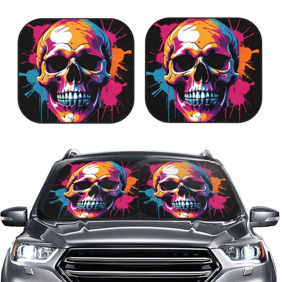 Kdxio Colorful Skull Print 2-Piece Sun Shade Front Windshield - Foldable Car Front Window Sunshades for Most Sedans SUV Truck