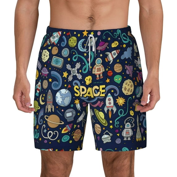 Kdxio Colorful Space Print Men'S Swim Trunks With Compression Liner 7 Inch Inseam Quick Dry Swim Shorts