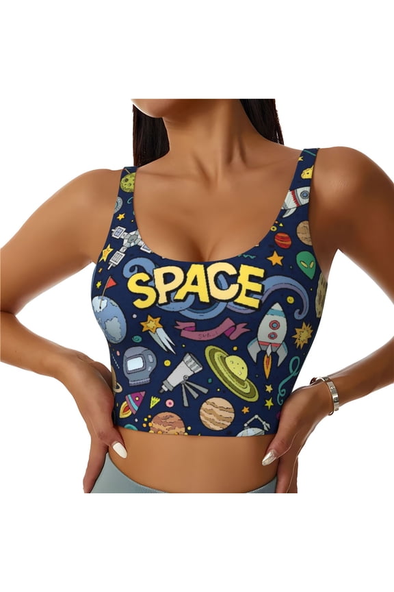 Colorful Space Print Workout Crop Tank Top for Women Racerback Yoga Tank Tops Athletic Sports Shirts Exercise Undershirts