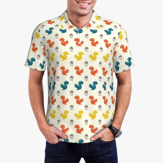 Kdxio Colorful Squirrel Print Men's Short Sleeve Polo Shirt,Midweight Men's Shirt