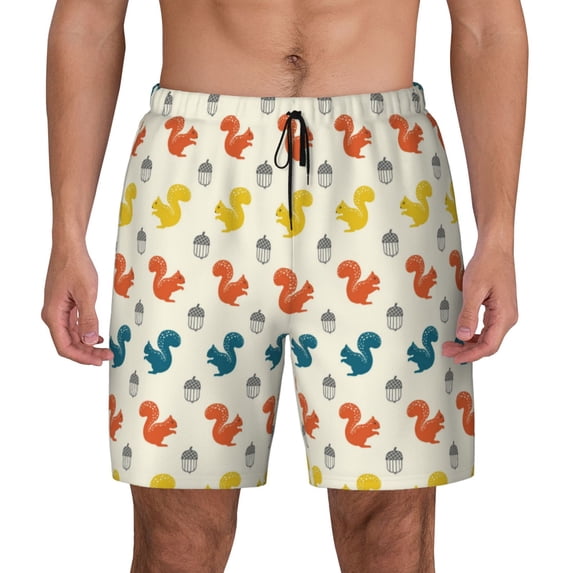 Kdxio Colorful Squirrel Print Men's Swim Trunks with Compression Liner 7 Inch Inseam Quick Dry Swim Shorts