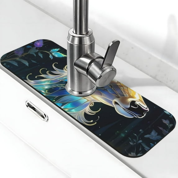 Kdxio Colorful Stained Glass Deer Pattern Non-Slip Diatom Mud Faucet Drain Pad,Self Absorbent Mat for Kitchen Sink for Variety Kitchen & Bathroom Countertops
