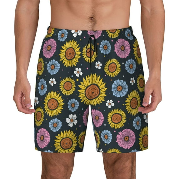 Kdxio Colorful Sunflowers Print Men's Swim Trunks with Compression Liner 7 Inch Inseam Quick Dry Swim Shorts