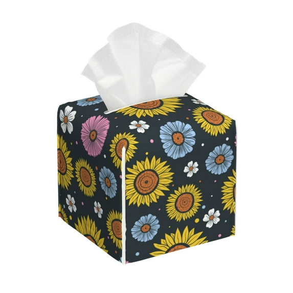 Kdxio Colorful Sunflowers Print Tissue Box Cover,Square Decorative PU Leather Facial Paper Case Organizer Holder Dispenser for Bathroom,Night Stands,Desk,Car 5.2''X5.2''X5.2''