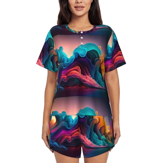 Kdxio Colorful Surreal Landscape Print Pajamas Sets for Women Short-Sleeved Pjs with Lounge Shorts Two Piece Sleepwear S-4XL