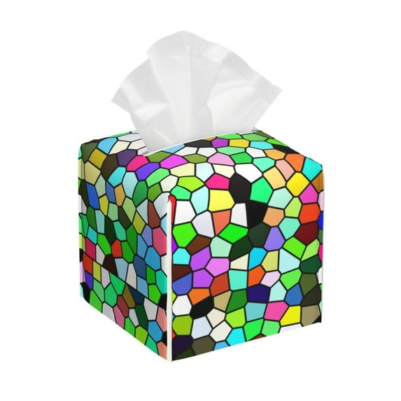 Kdxio Colorful Tie Dye Stained Glass Print Tissue Box Cover,Square Decorative PU Leather Facial Paper Case Organizer Holder Dispenser for Bathroom,Night Stands,Desk,Car 5.2''X5.2''X5.2''