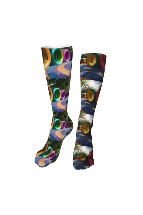 Colorful Tire Tunnel Park Funny Silky Novelty Funky Long Knee High Socks Soft 3D Print Cosplay Crazy Stockings for Men Women