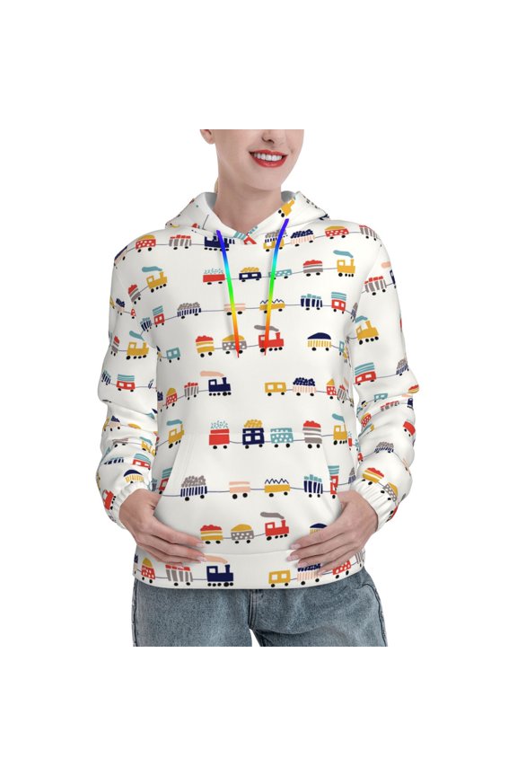 Colorful Trains Print Womens Oversized Hoodies Sweatshirts Hooded Pullover Tops Sweaters Casual-Small