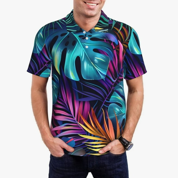 Kdxio Colorful Tropical Leaves Print Men's Short Sleeve Polo Shirt,Midweight Men's Shirt-XX-Large