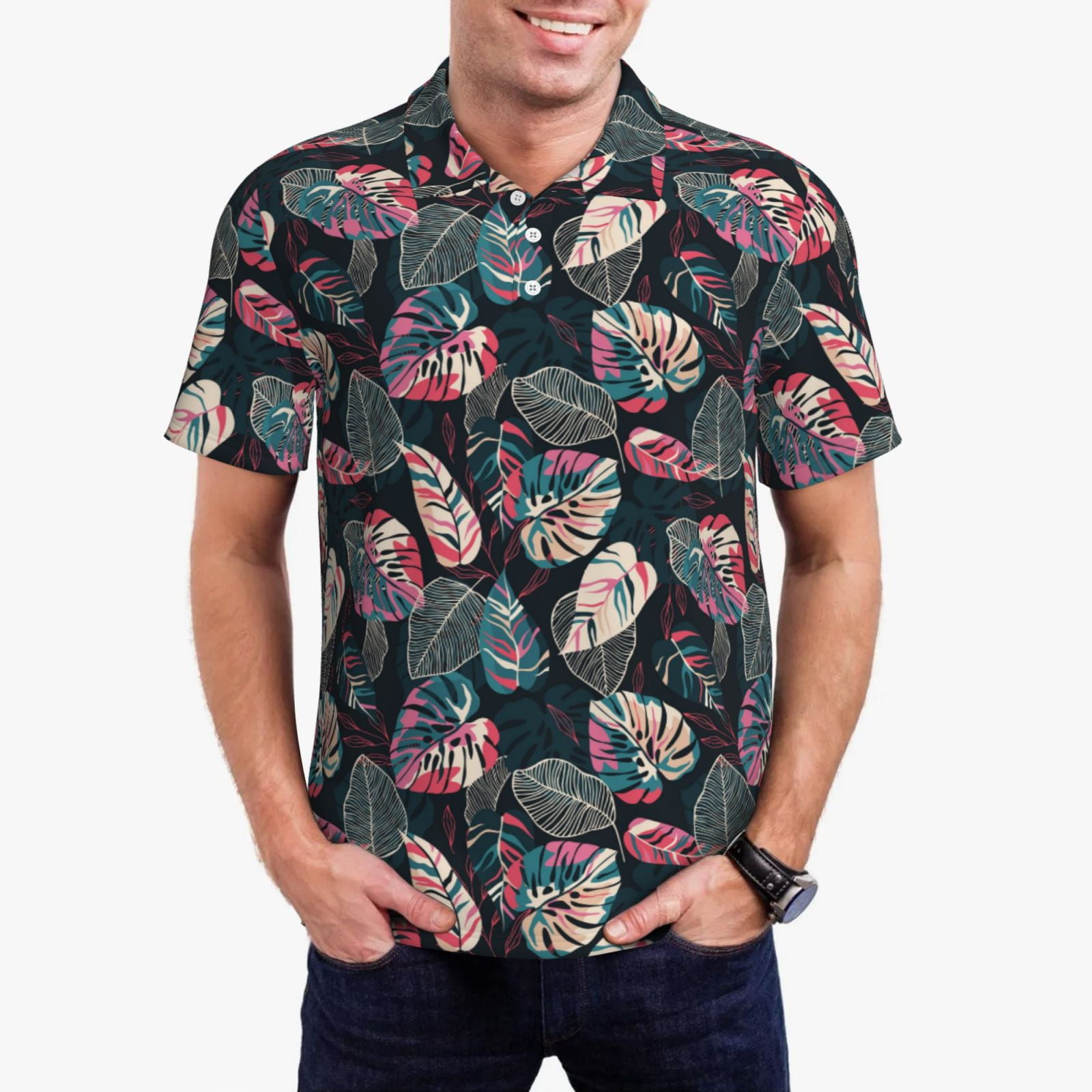Kdxio Colorful Tropical Leaves Print Men's Short Sleeve Polo Shirt