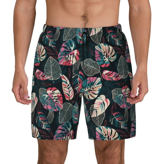 Kdxio Colorful Tropical Leaves Print Men's Swim Trunks with Compression Liner 7 Inch Inseam Quick Dry Swim Shorts