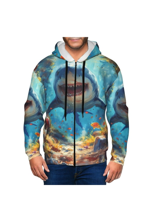 Colorful Underwater Shark Print Men Hoodies Casual Hoodies for Men with Zip Pockets Full Zip Long Sleeve Sweatshirt Sports Hooded Jacket-Medium