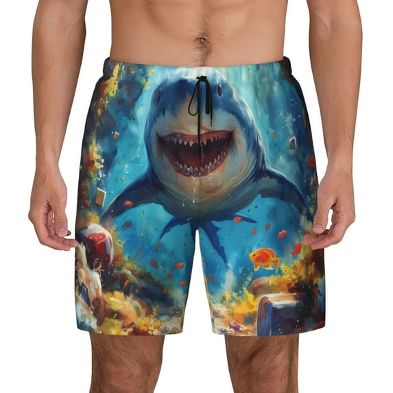 Kdxio Colorful Underwater Shark Print Men's Swim Trunks with Compression Liner 7 Inch Inseam Quick Dry Swim Shorts