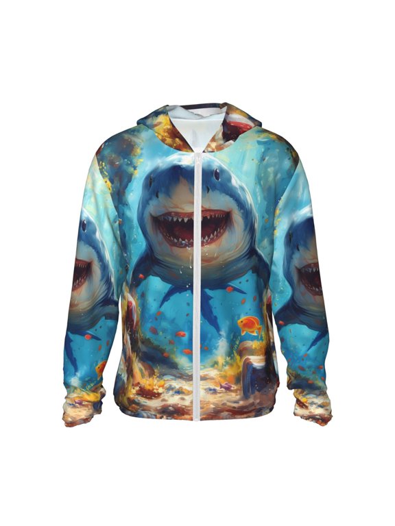 Colorful Underwater Shark Print Women Men Sun Protection UPF 50+ Jackets Zip Up Long Sleeve Hoodie Hiking Lightweight with Pockets