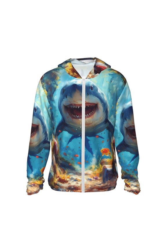 Colorful Underwater Shark Print Women Men Sun Protection UPF 50+ Jackets Zip Up Long Sleeve Hoodie Hiking Lightweight with Pockets