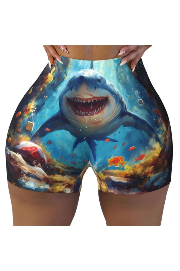 Colorful Underwater Shark Print Workout Shorts for Women Seamless Soft Smooth Gym Yoga Scrunch Active Shorts