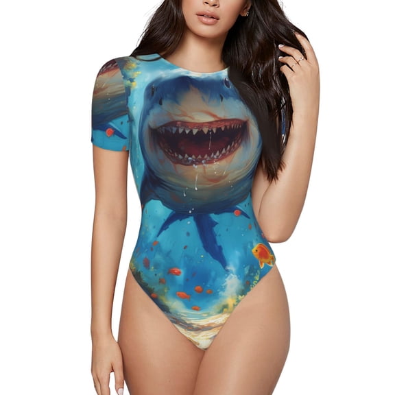 Kdxio Colorful Underwater Shark for Women's Short-Sleeved Onesie Stylish Round Neck Pajamas Bodysuit Jumpsuit Nightwear-X-Large