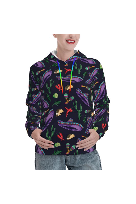 Colorful Vintage Cactuses Print Womens Oversized Hoodies Sweatshirts Hooded Pullover Tops Sweaters Casual-Medium