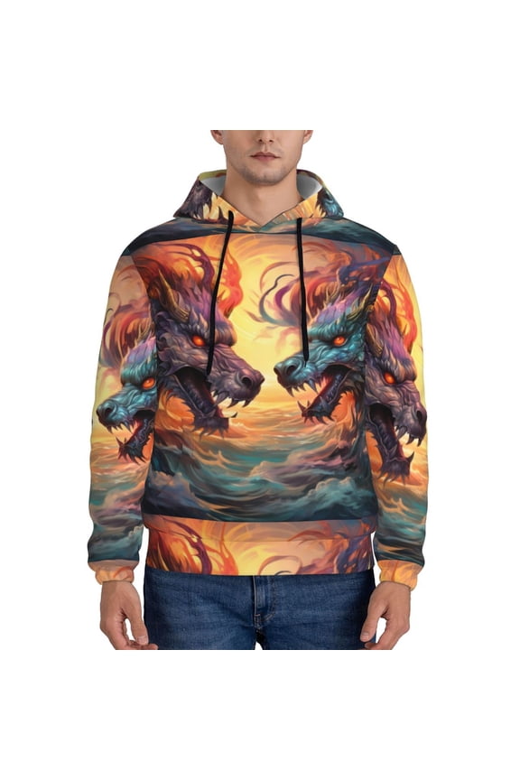 Colorful Wave Dragon Head Print Mens Casual Hooded Collar Drawstring Hoodies Pullover Sweatshirts Casual Long Sleeve Shirts-Large